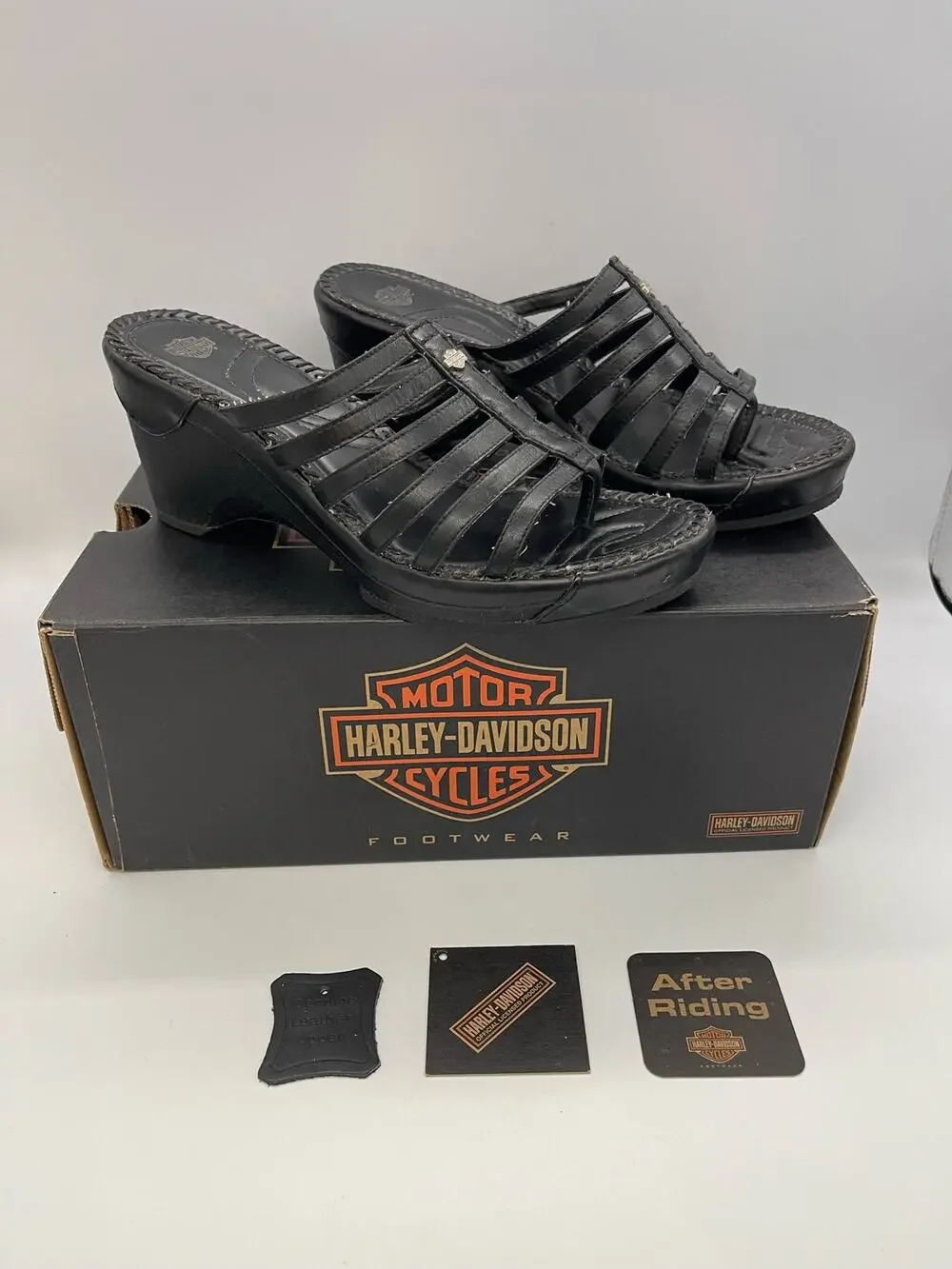 Harley Davidson Women's Black Leather Wedge Sandal Size 8.5